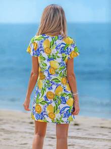 Sylviya 休闲简约度假柠檬花优雅巴洛克蓝色花卉印花V领编织短裙女士连衣裙，适合春夏季 - 彩色 - 查看 2