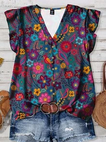 EMERY ROSE Áo sơ mi VCAY cổ điển in hoa xanh dương, dáng rộng, thoải mái cho phụ nữ ngoại cỡ, phù hợp cho mùa hè - Nhiều màu - Xem 2