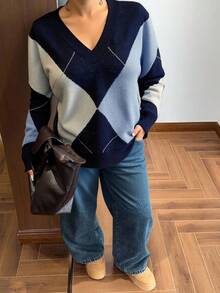 Dazy Plus Fashionable Color Block V-Neck Diamond Pattern Loose Plus Size Pullover Sweater For Women, Autumn/Winter - Navy Blue - View 5