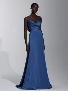 Elitara Elegant, Simple, Stylish, Green Knitted Halter Neck, Ruffled Hem, Open Back; Suitable For Formal Occasions, Wedding Guests, Wedding Festivals, Bridesmaid Dresses. - Dusty Blue - View 7