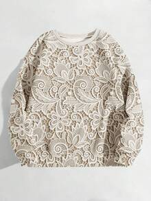 EMERY ROSE 女式蕾丝印花图案运动衫，舒适圆领长袖，适合日常穿着