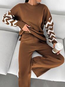 EURMUSE Women's Casual Long Sleeve Sweater Top And Pants 2 Pieces Set - Chocolate Brown - View 3