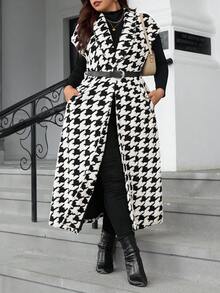 SHEIN Clasi 大码女式背心，优雅无袖千鸟格纹背心，带口袋，中长款外套，适合秋冬季穿着。 - 黑與白 - 查看 2