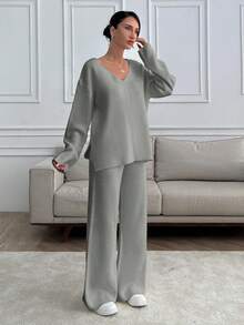 SHEIN Tall 高个女款V领宽松毛衣和针织裤套装 - 灰色 - 查看 5