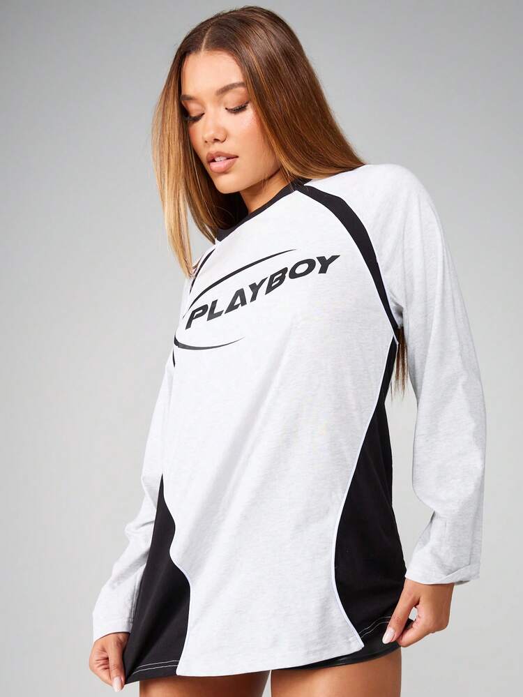 Missguided x Playboy Long Sleeve Mini T-Shirt Dress Graphic Design Contrast Panel Print Winter Fall Fashion Statement Modern Casual Street Style Mini Dress