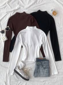 SHEIN 3pcs/Set Teen Girls Solid Color Turtleneck Long Sleeve T-Shirts
