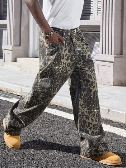 Street Life Jeans de mode de rue pour hommes avec imprimé léopard et ornements de strass