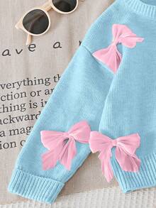 SHEIN Girls Cute Bow Decor Round Neck Sweater Matched With Casual Straight Pants, Suitable For Home, Outing, Party, Back To School Bow Clothes Girls Sweater Sets Winter Young Girls Sets Girl Knit Set Little Girls Pants Set - Blue - View 5