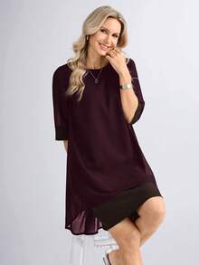 Miaspire Elegant Solid Color Chiffon Mid-Length Dress For Women, Spring/Summer - Brown - View 3