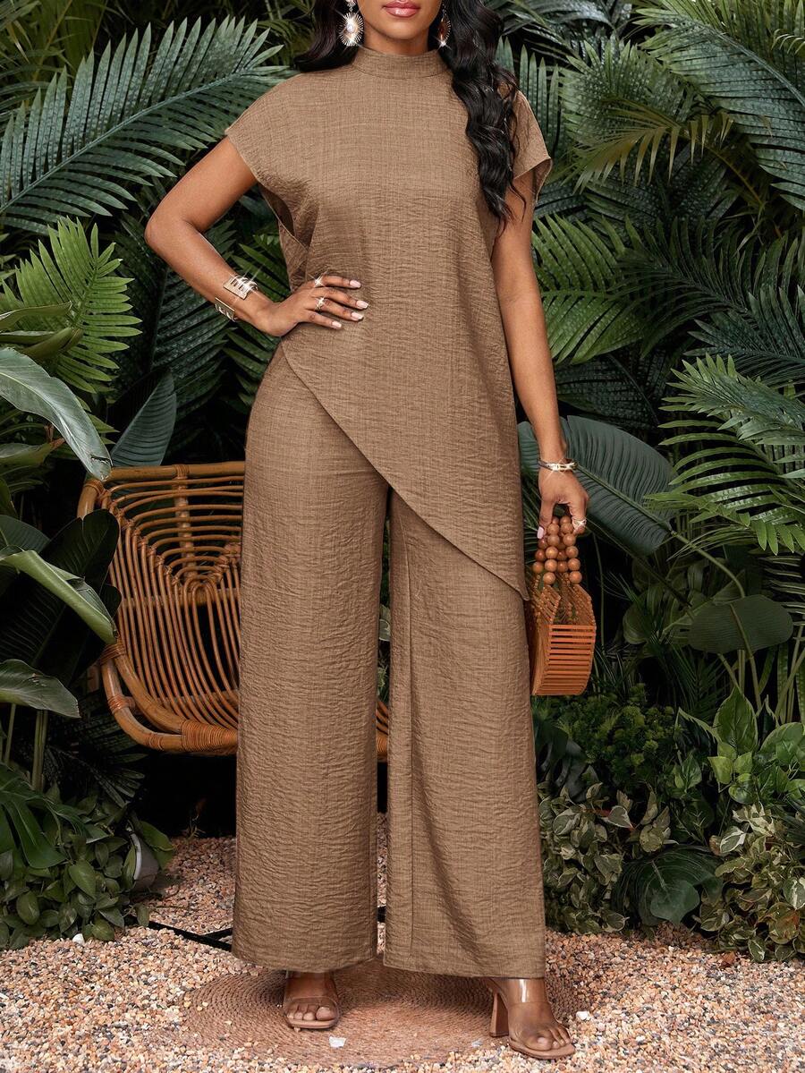 SHEIN Lady Bộ đồ 2 mảnh cỡ lớn, trang phục mùa hè, trang phục lễ tốt nghiệp mùa xuân, váy thường ngày cỡ lớn dành cho nữ đi nghỉ mát, bộ đồ thường ngày 2 mảnh thời trang cỡ lớn dành cho nữ. - Lạc đà - Xem 1