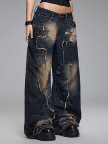 ROMWE Grunge Punk Quần jeans ống rộng cạp thấp màu xanh đậm cổ điển Y2K vá lỗi rách - Màu xanh lam - Xem 5