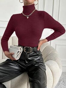 EURMUSE 女士长袖纯色毛衣，时尚适合夏季 - 酒紅色 - 查看 2