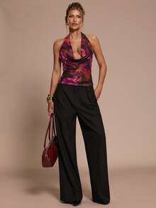 SHEIN BAE Áo cổ yếm in hoa giản dị dành cho nữ, đế đen phối hoa tím, thích hợp cho mùa thu/đông - Nhiều màu - Xem 2