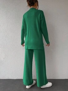 SHEIN Cottnline 女款立領落肩長袖毛衣+毛衣褲套裝 - 綠色 - 查看 2