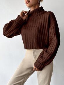 EURMUSE Women's Casual Solid High Neck Drop Shoulder Sweater, Suitable For Autumn/Winter - Chocolate Brown - View 5