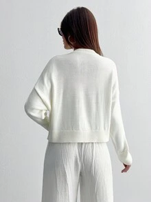 EURMUSE 1 件女式纯色落肩长袖圆领拉绒毛衣，秋冬 - 白色 - 查看 2