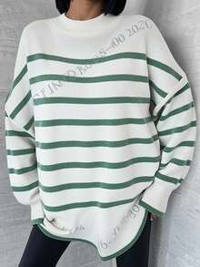 SHEIN Cottnline Women's Striped Drop Shoulder Sweater - Mint Green - View 3