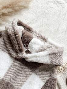 Vintaside Kids 少女冬季棕白格纹双面羊毛保暖连帽腰部 A 字中长连衣裙，时尚