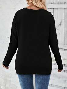 EMERY ROSE Autumn/Winter Casual Black Long Sleeve Vintage Round Neck Ruched Hem Button Down Plus Size T-Shirt - Black - View 2