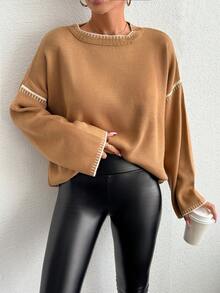 EURMUSE Jersey De Manga Caída Con Cuello Redondo Con Detalles De Color Contrastante - Camel - Ver 3