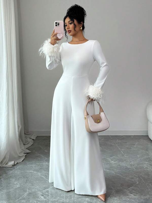 SHEIN Elenzya Elegant Romantic Faux Fur Patchwork Waist Jumpsuit For Women