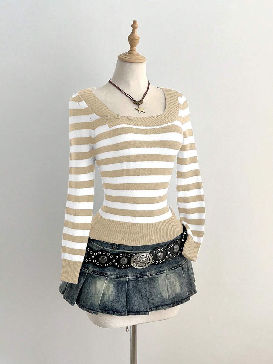 Elamini Suéter de manga larga con botones decorativos y diseño de rayas, de corte ajustado y versátil para otoño/invierno - Multicolor - Ver 1