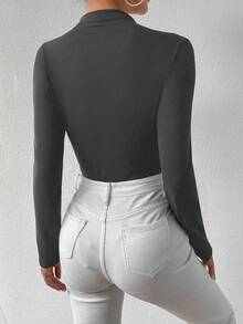 Zolique 女式撞色褶饰长袖修身紧身衣 - 灰色 - 查看 2