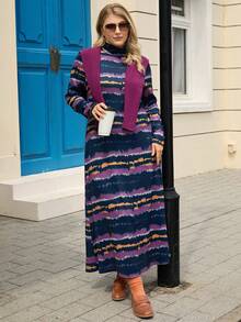 EMERY ROSE Große Größen Herbstmode: Kleid mit Stehkragen und Batikmuster – Winterkleidung für Damen – Gemütliche Herbst- und Winterkleidung für Damen – Lässige lange Kleider