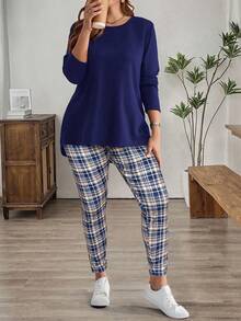 EMERY ROSE 大码女式黑色T恤和格子紧身裤套装（冬季服装） - 藏蓝色 - 查看 3