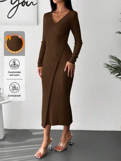 EURMUSE Women's Elegant Solid Color Wrap Fitted Knit Dress, Autumn/Winter