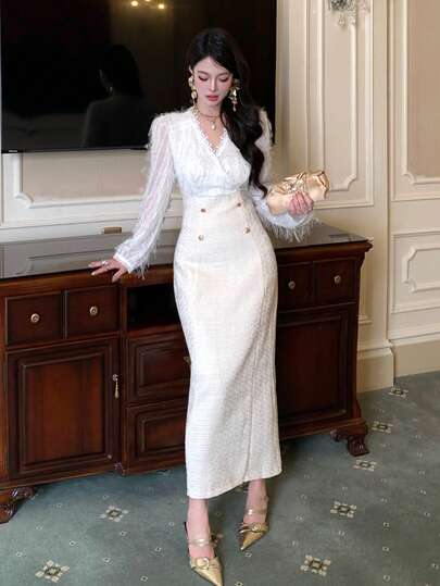 DAZY 女式交叉裹身长袖修身连衣裙，优雅时尚的舞会礼服