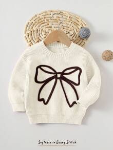Cozy Pixies Baby Girl Bow Decor Crew Neck Long Sleeve Pullover Sweater, Versatile & Comfortable - Multicolor - View 1
