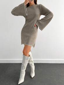 EURMUSE Women Color Block Sweater Dress With Striped Edges - Mocha Brown - View 5