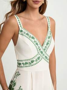 CAJUNI Fashionable & Elegant Green Palm Tree Print Women Spaghetti Strap Jumpsuit - Multicolor - View 4