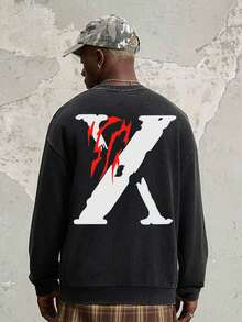 Manfinity ZONE917 Y2K Letter Print Washed Black Oversized Sweatshirt - Black - View 5