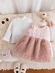 SHEIN 2 件婴儿女孩秋冬时尚甜美可爱白色长袖罗纹高领上衣搭配粉色人造毛皮拼布毛衣裙，杏色蝴蝶结装饰，适合生日派对 - 粉色 - 查看 3