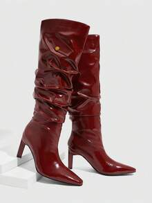 CUCCOO SZL Fashionable Sexy Pleated Pointed Toe Over-The-Knee Boots - Burgundy - View 2