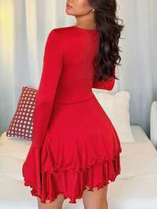 SHEIN Unity Women's Solid Color Flare Sleeve Ruffle Hem Sexy Fashion Safety Shorts Single-Breasted Elegant Party Dress - Red - View 4