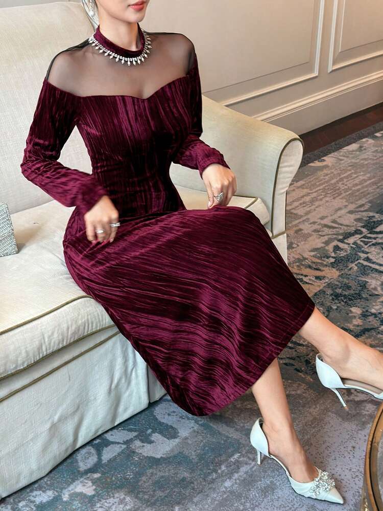 Women's Elegant Party Mesh Patchwork Mid-Length Dress Prom Dress