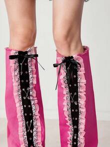 ROMWE Grunge Punk 1 双朋克摇滚豹纹别针装饰袜子，Y2K 蕾丝边纯红色喇叭腿套，修身款，适合日常、节日、派对穿着 - 玫紅色 - 查看 3