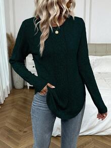 EMERY ROSE Women's Elegant Solid Color Arched Hem Round Neck Long Sleeve Sweater, Autumn/Winter - Green - View 6