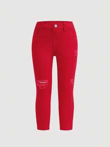 SHEIN 3件套年轻女孩Y2K牛仔紧身裤，红色、蓝色、黑色，带做旧细节，秋季、冬季、休闲时尚度假，2000年代风格，万圣节牛仔裤，圣诞节。 - 彩色 - 查看 8