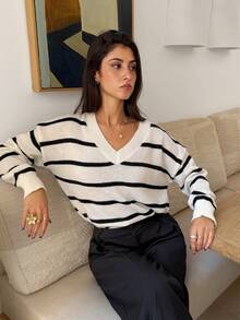 SHEIN Frenchy Black White V Neck Striped Pattern Drop Shoulder Sweater,Long Sleeve Tops,Knitted Sweater In Fall/Winter Casual - Black and White - View 4