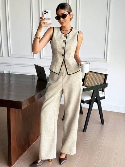 SHEIN Frenchy Women's French  Casual Fall Winter 2025 Women Autumn  2pcs/Set Women Casual Striped Minimalist Commuter/ Office Outfit Ladies Metal Decor Sleeveless Elegant Commuter Contrast Trim Long Pants Set, Simple Vest Set,Office Commuting Horse Jacket Set,Suitable For Daily Commuting. Autumn Layering, Autumn And Winter New Arrivals.,For Everyday Wear And Back To School, Fall Women Clothes,Going Out 2pcs/Set Women,Old Money Style Women,Homecoming 2pcs/Set,All-Season,Homecoming 2pcs/Set,Winter,Thanksgiving Outfit For Women,New Year 2pcs/Set ,Casual 2pcs/Set ,Autumn 2pcs/Set,2pcs/Set Suitable For Party, Halloween, Christmas, Holiday Events 2pcs/Set Summer