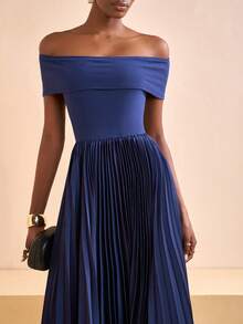 Zivah 2025秋季新款优雅宴会聚会休闲通勤连衣裙高端简约时尚露肩褶皱缎面拼布下摆连衣裙 - 藏蓝色 - 查看 2