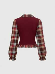 ROMWE Goth 返校复古哥特式格子拼布二合一女式长袖衬衫 - 彩色 - 查看 2