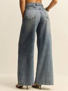 Daynim Calça Jeans Feminina Super Wide Leg Pantalona Cintura Alta Vintage - Lavagem Média - Visão 5