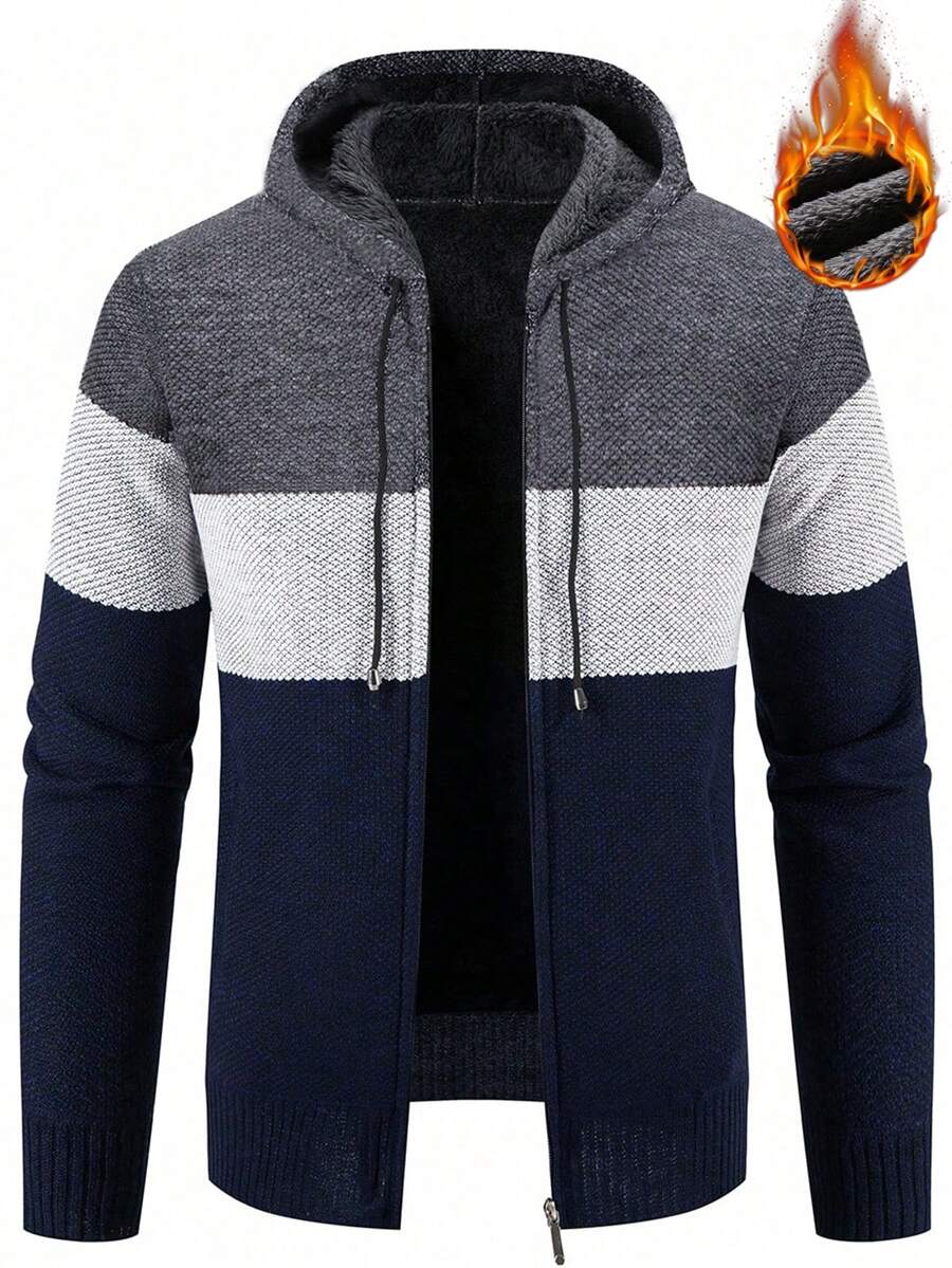 Manfinity Homme Áo khoác cardigan nam dài tay có mũ, phối màu tương phản, lót giữ nhiệt, thích hợp cho mùa Thu/Đông. - Xám - Xem 1
