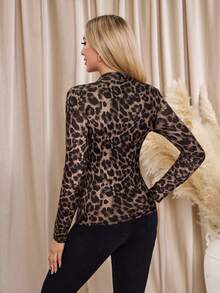 Lavishia Women's Stand Collar Raglan Sleeve Fitted Leopard Print Knit Top,Fall,Fall Clothes For Women,Women's Winter Clothes - Coffee Brown - View 2