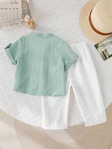 SHEIN Conjunto de 2 piezas para bebé/niño pequeño niño/niña, camisa de manga corta de color liso sencillo y pantalón de cintura elástica liso para vacaciones casuales, primavera/verano/otoño - Verde - Ver 11